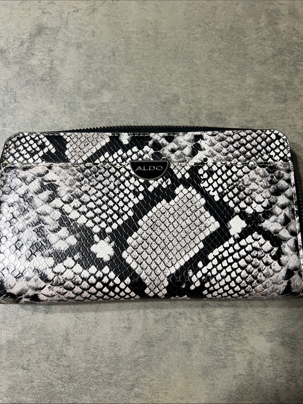 Aldo Black and White Snake-Print Zip Wallet